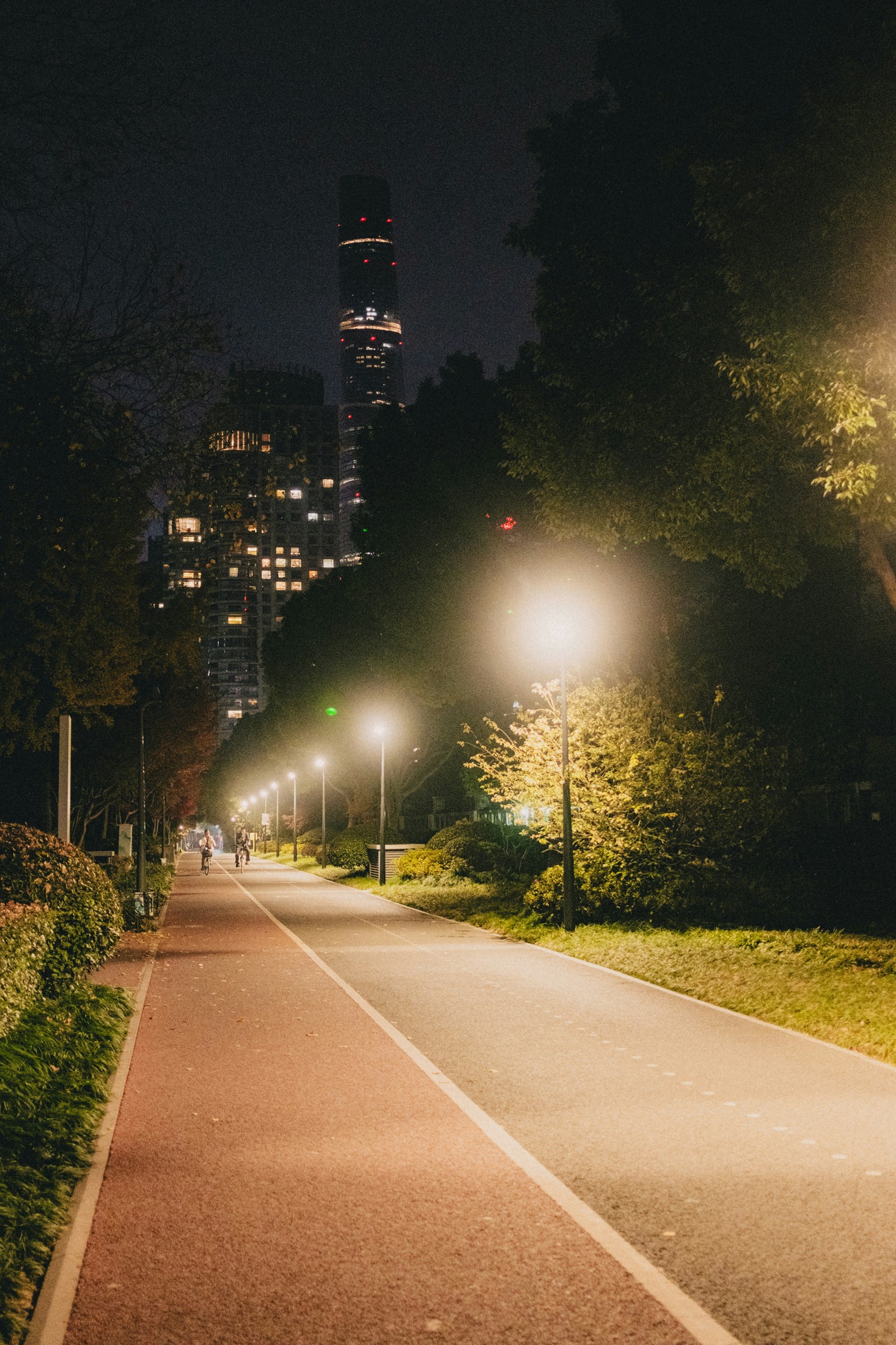 A lamplit park path at night with the city skyline behind